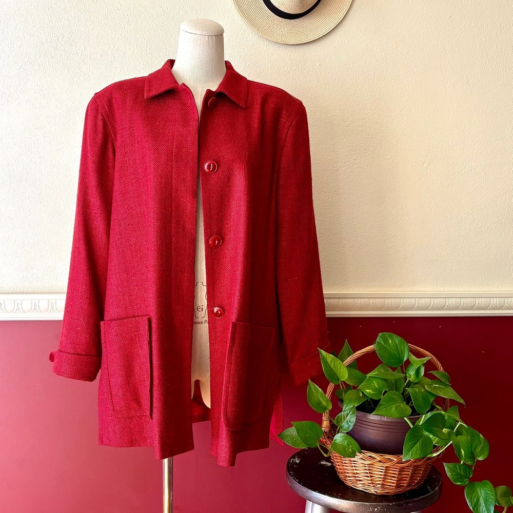 Vintage Country Shop Ruby Red 100% Silk Jacket Button Front 8 Boxy Longline Chic